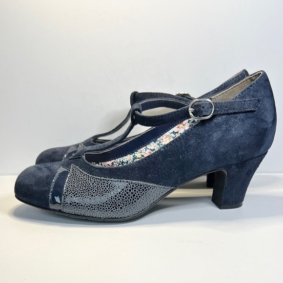 Hotter Georgette T-bar Shoes 👠 Navy Blue Suede Leather, Round Toe Heels - Picture 5 of 12